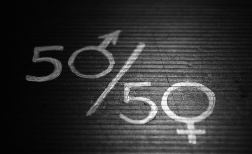 Bannière illustrant l'égalité entre homme et femme par des pourcentages parfaits à 50 %.
