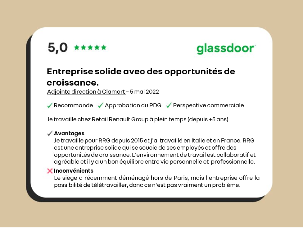 Capture d'écran Glassdoor d'avis d'employé de plus de 5 ans d'ancienneté, avec une note de 5 sur 5, saluant les possibilités d'évolution du groupe et de responsabilisation.