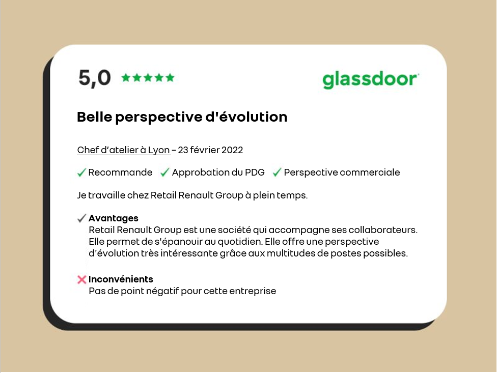 Capture d'écran Glassdoor d'avis d'un chef d'atelier à Lyon, avec une note de 5 sur 5, saluant les possibilités d'évolution du groupe et de responsabilisation.