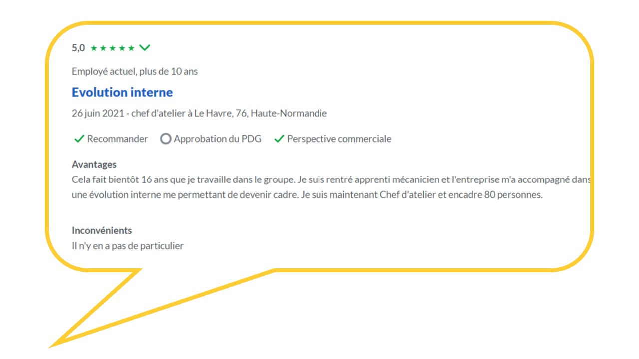 Capture d'écran Glassdoor d'avis d'employé de 16 ans d'ancienneté, avec une note de 5 sur 5, saluant les possibilités d'évolution du groupe et de responsabilisation