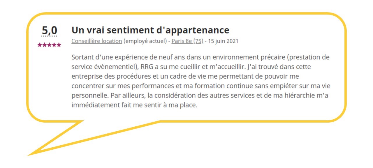 Capture d'écran Indeed d'avis d'employé avec une note de 5 sur 5, saluant son accueil au sein de RRG, ses procédures et l'équilibre vie personnelle / professionnelle que le groupe offre