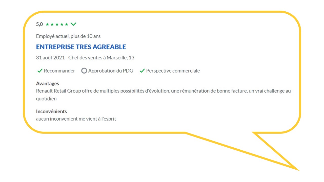 Capture d'écran Glassdoor d'avis d'employé avec une note de 5 sur 5, saluant les possibilités d'évolution du groupe