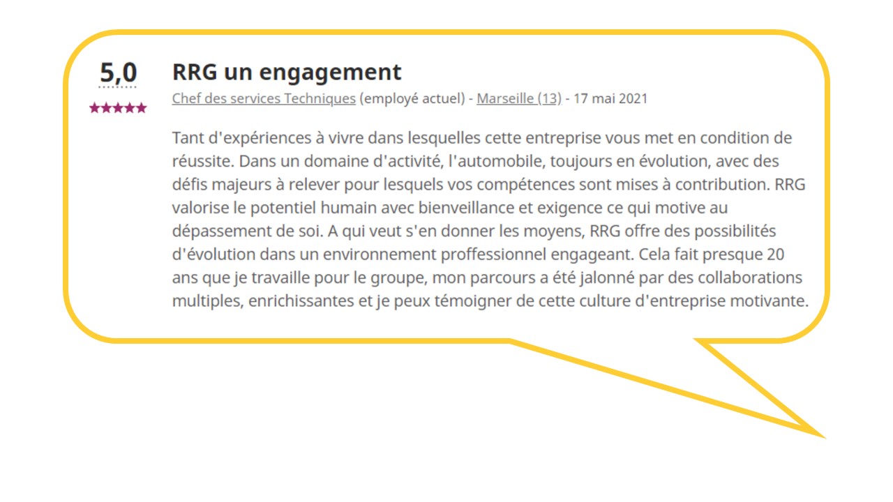 Capture d'écran Indeed d'avis d'employé avec une note de 5 sur 5, saluant son accueil au sein de RRG, ses procédures et l'équilibre vie personnelle / professionnelle que le groupe offre