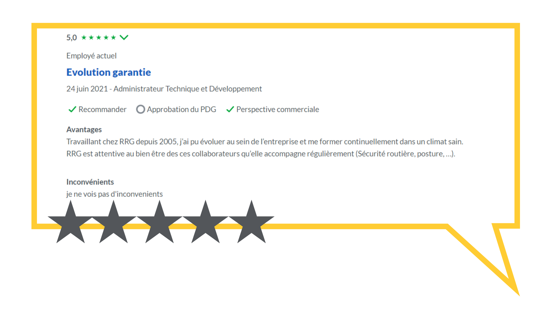 Capture d'écran Glassdoor d'avis d'employé avec une note de 5 sur 5, saluant les possibilités d'évolution du groupe, de formation et de bien-être