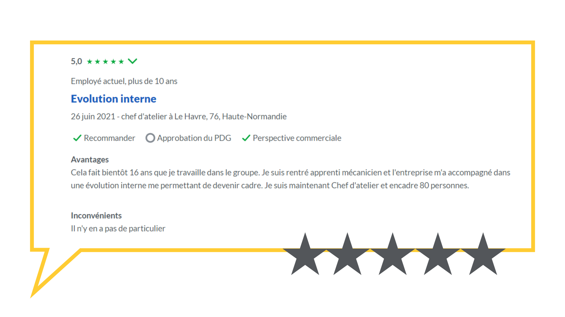 Capture d'écran Glassdoor d'avis d'employé de 16 ans d'ancienneté, avec une note de 5 sur 5, saluant les possibilités d'évolution du groupe et de responsabilisation